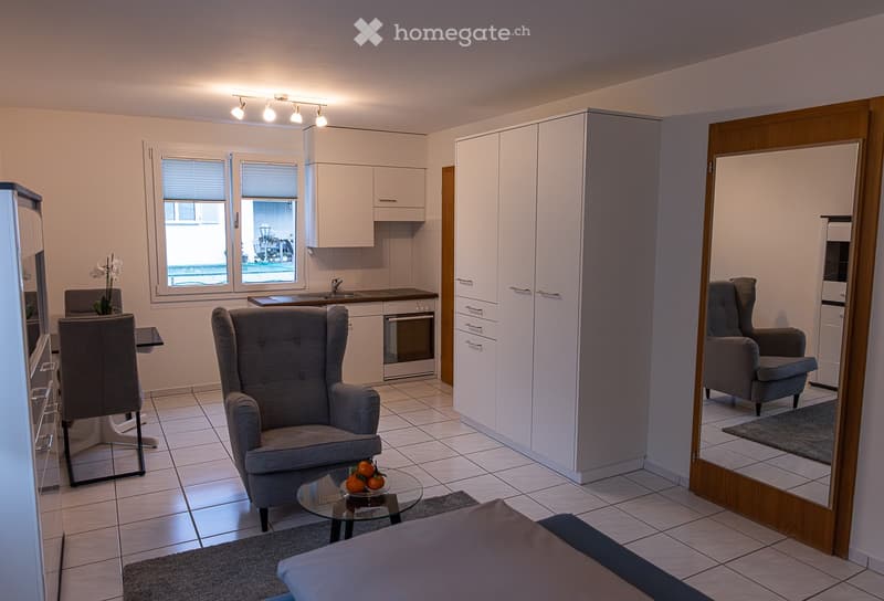 modern kitchen, wooden floor, white tiles, kitchen island, faucet, sink, oven, white cabinets, built-in appliances, window with view of outside