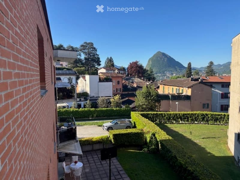 Garden with a table and chairs, a car parked in the driveway, a brick building, and a mountain in the distance.