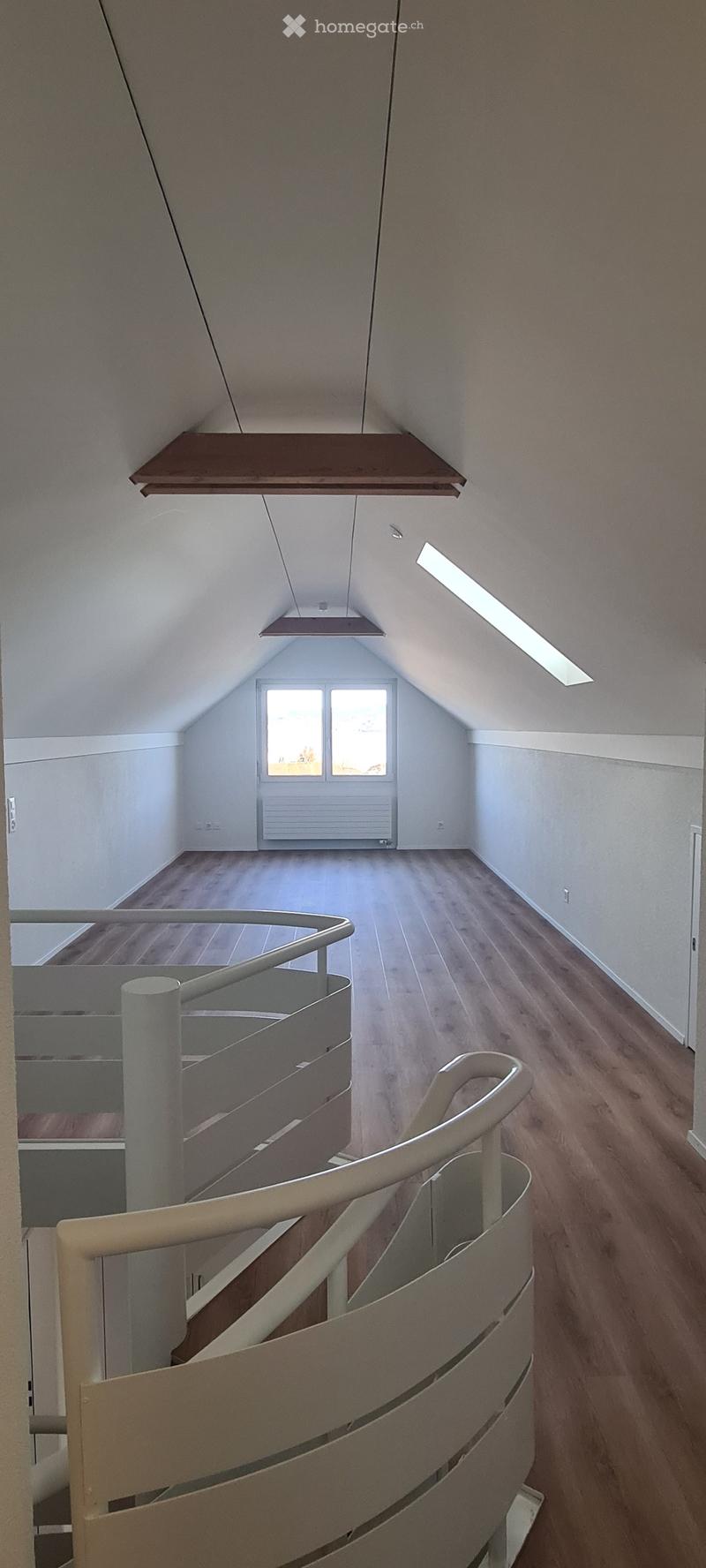 Room: raised ground floor, hardwood floor, white walls, window, white railing, skylight
