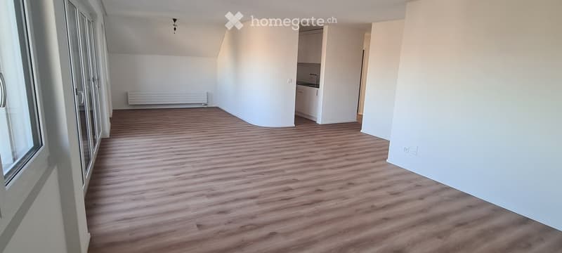 wide room, white walls, wooden floor, open kitchen, sliding glass doors