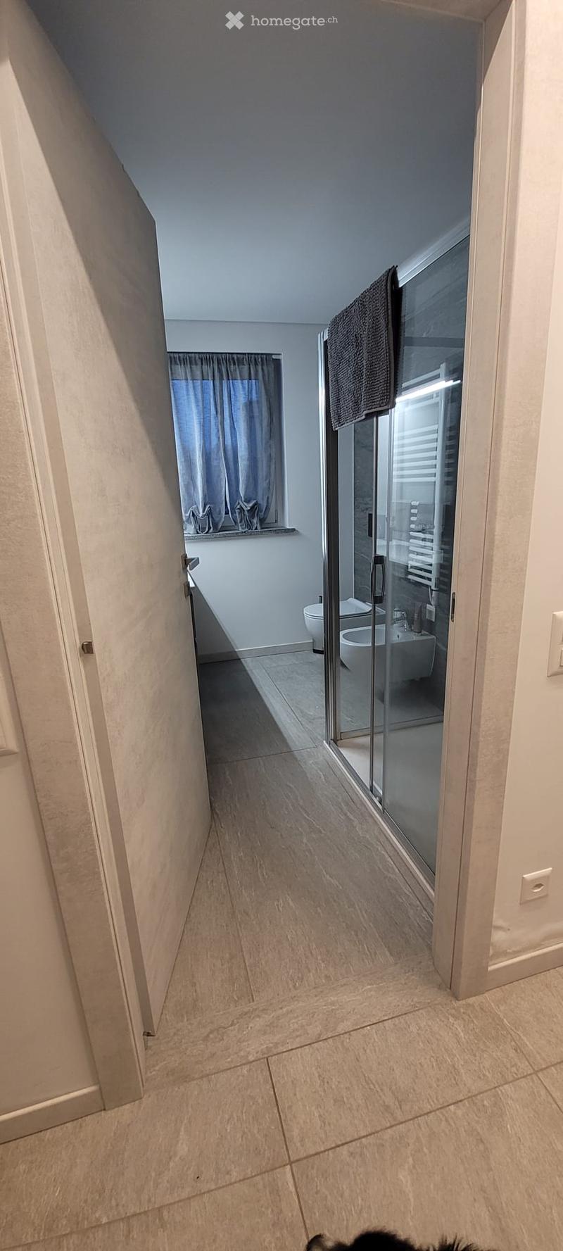 modern bathroom, glass shower, white sink, white toilet, towel hanging, white curtain