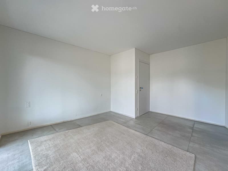 empty room with white walls, gray floor, white door, white rug