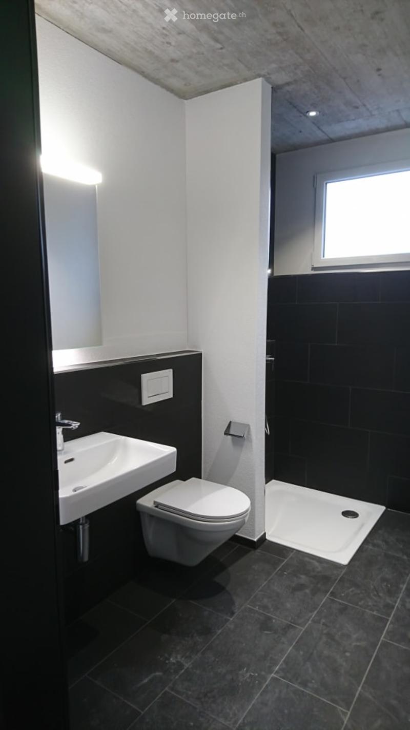 modern bathroom with toilet, sink, shower, black and white tiles