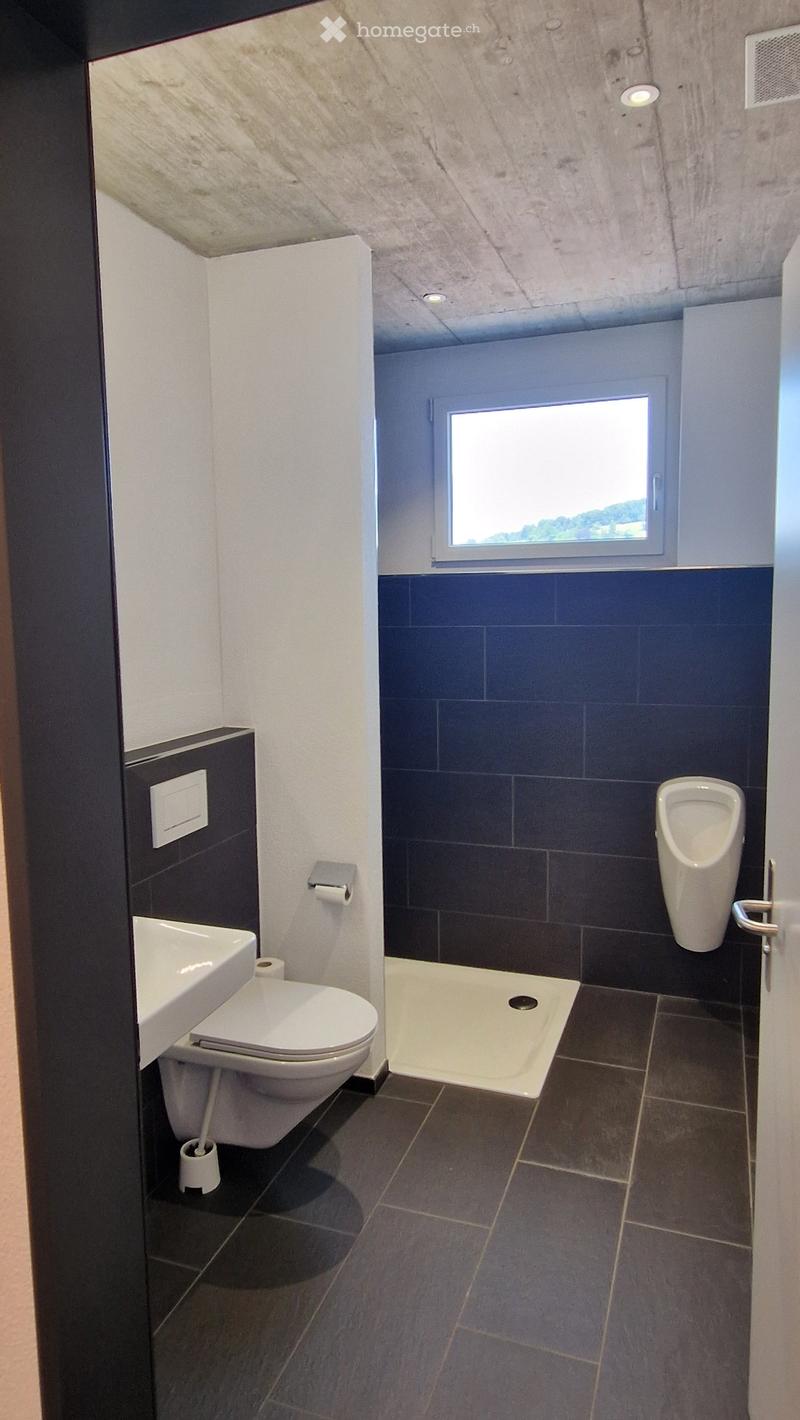 Modern bathroom with dark tiled walls and floor, white fixtures including a toilet, sink, and urinal, and a window providing natural light.