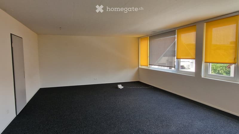 Empty room with bare walls, carpeted floor, and large windows with yellow blinds. No furniture or equipment present.