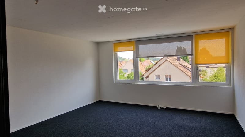 Empty room with light-colored walls, carpeted floor, and large windows with blinds, offering a view of neighboring houses and greenery.