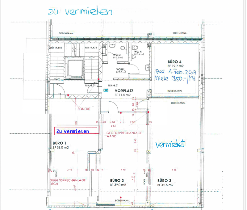 office spaces, reception area, meeting area, WC, cellar