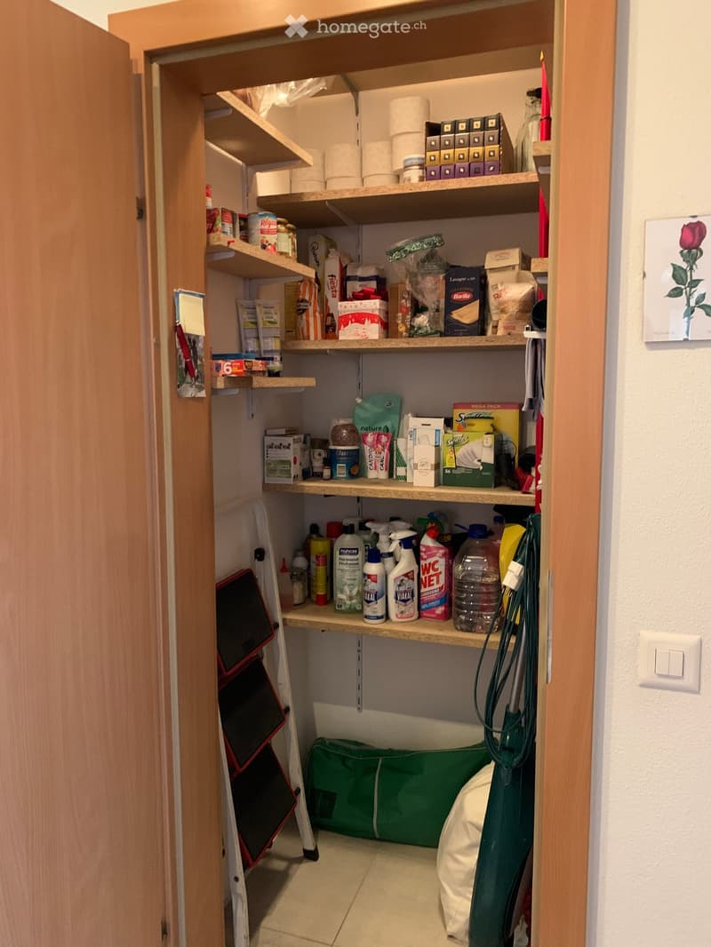 full height shelves, cleaning products, towels, ladder, vacuum cleaner