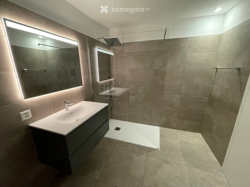 Modern bathroom with a white sink, dark vanity, large mirror with LED lighting, and a glass-enclosed shower area.