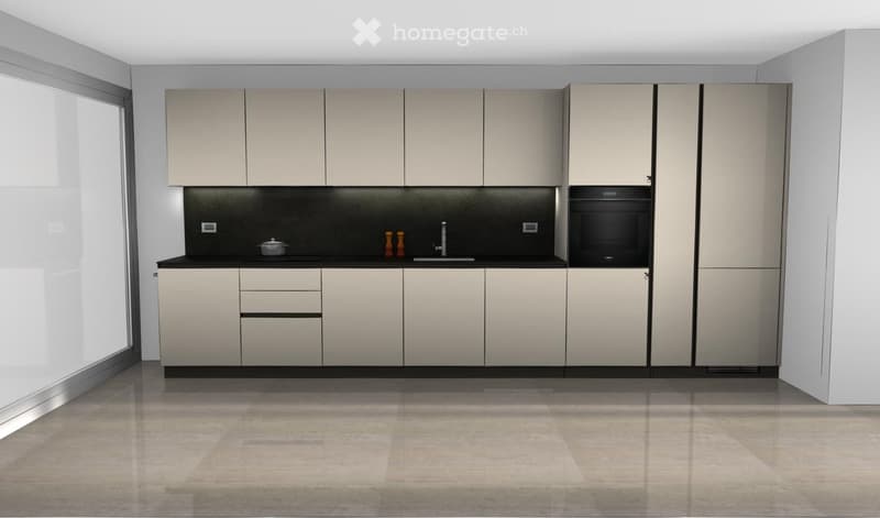 modern kitchen with white cabinets, black countertops, built-in oven and sink
