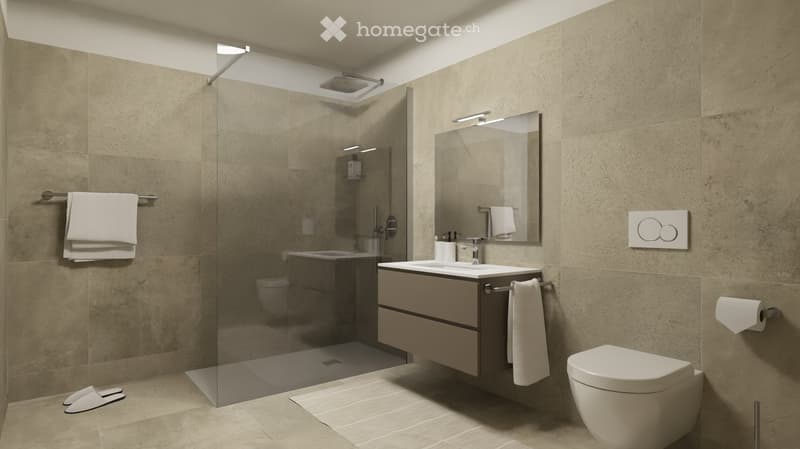 Modern bathroom with shower, white sink, cabinet, and tiles