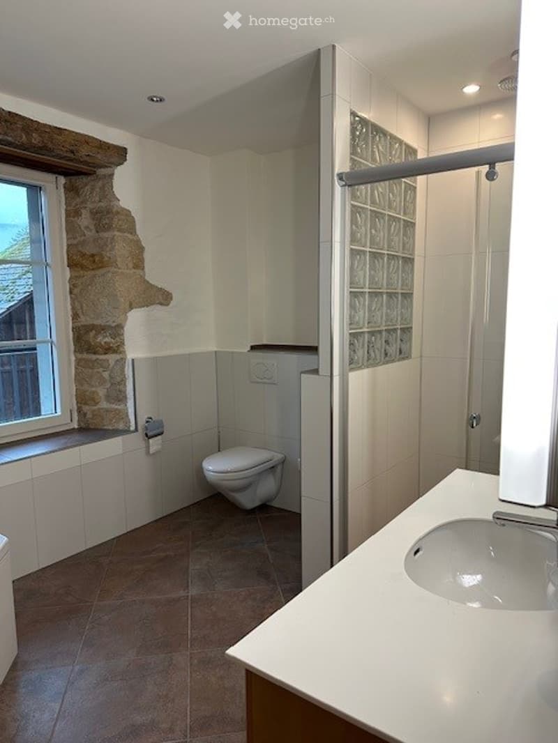 modern design, white tiles, white sink, glass shower, toilet, window