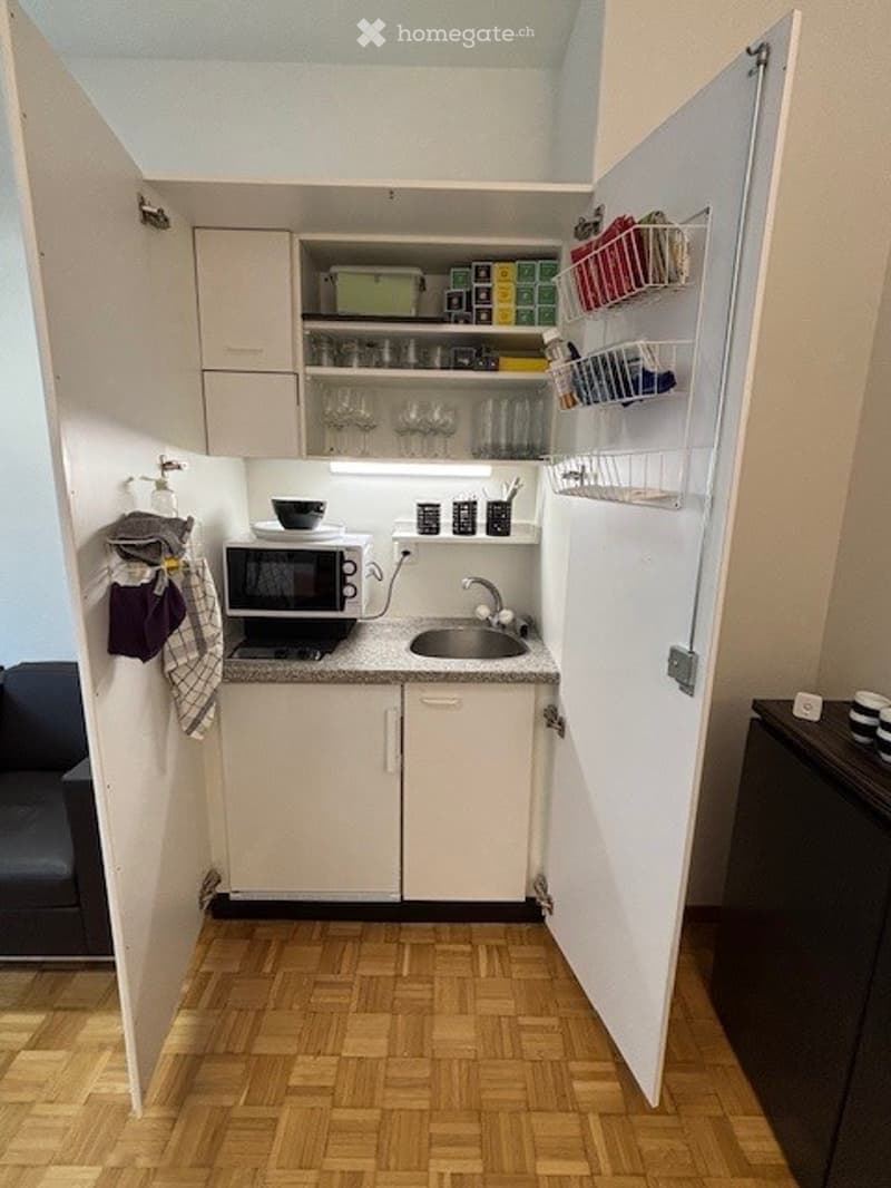 small kitchen with modern appliances and cabinetry, microwave, oven, refrigerator, sink, dishwasher, wine glasses