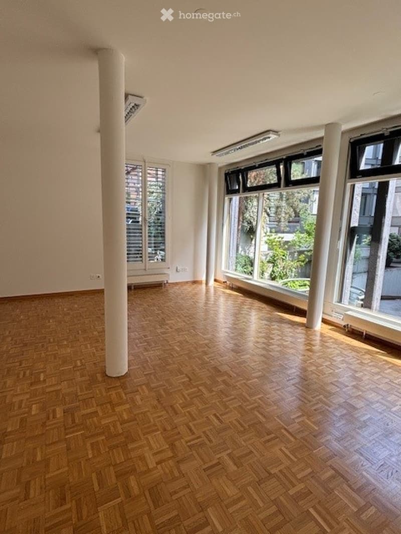 Empty room, wooden floor, white walls, ceiling lights, windows, white radiator