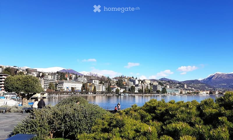A lake with a view of a city with many buildings, mountains, trees, and people on a clear day