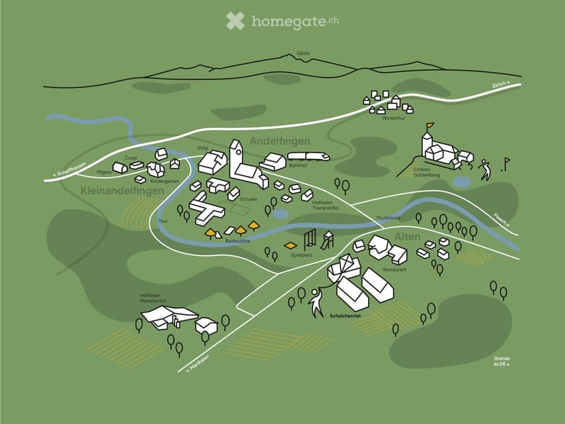 The image shows a map of the town of Andelfingen, Switzerland. It includes various landmarks and features such as a Coop supermarket, kindergarten, school, Bahnhof (train station), Spielplatz (playground), restaurant, and Schloss Goldenberg (Goldenberg Ca