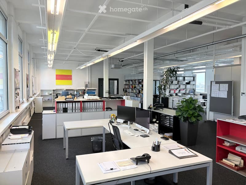 modern office with desks, computers, bookshelves, radiators, and plants