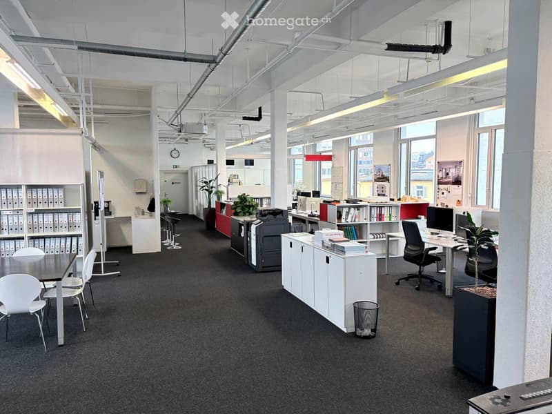 office area with desks, cabinets, office chairs, computers, plants, lamps, trash bin