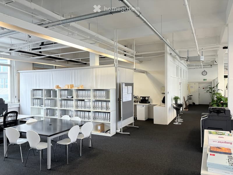 modern office with desk, chairs, bookshelves, printer, and white partition wall