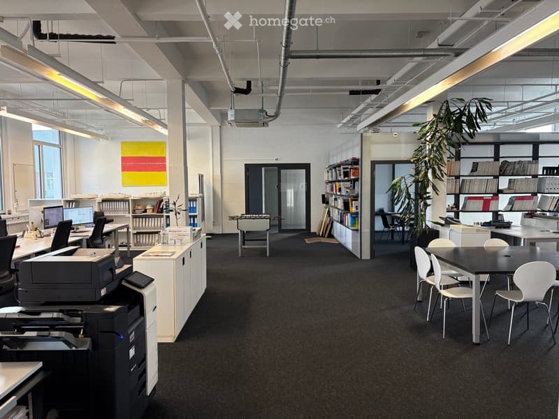 Modern office with carpeted floor, large open space, white walls, cabinets, bookshelves, computers, foosball table, printer, large windows, skylights.