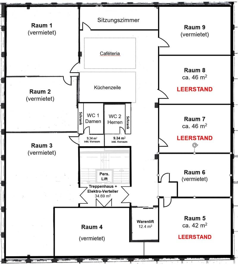 Floor plan showing nine rooms, including a cafeteria, kitchen area, two bathrooms, stairwell, and elevator. Rooms are labeled with sizes and rental status.