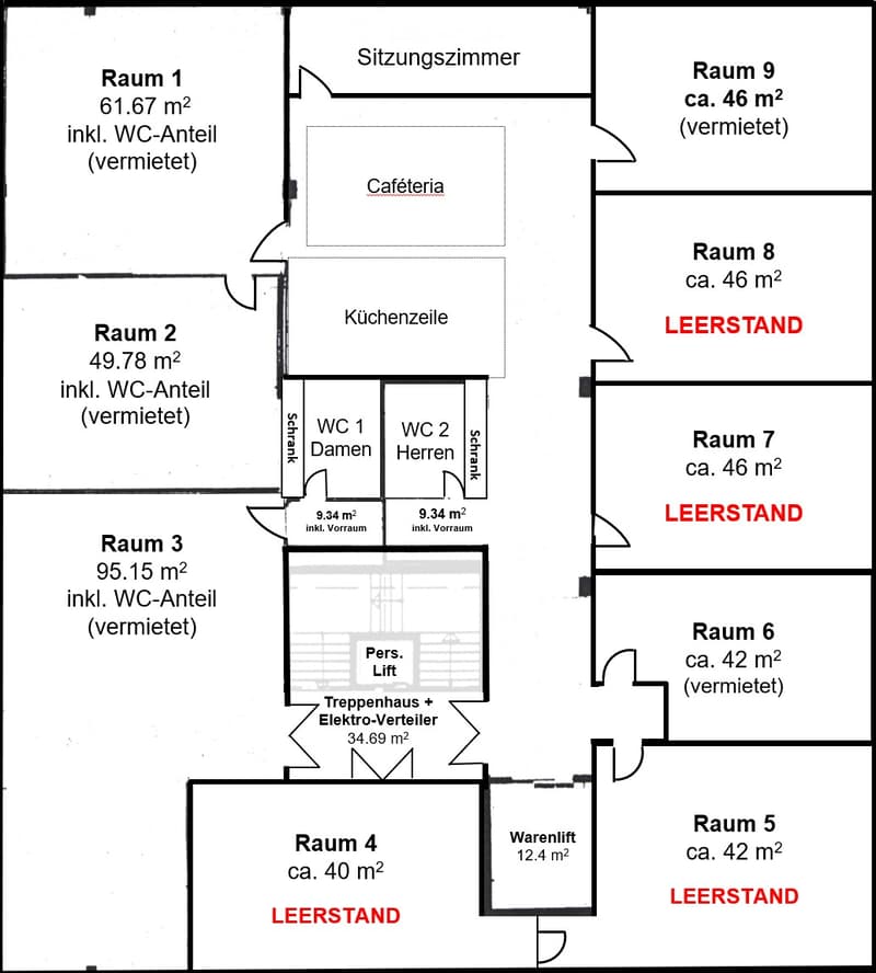 9 rooms, 1 WC for women, 1 WC for men, cafeteria, storage room, staircase and elevator, entrance