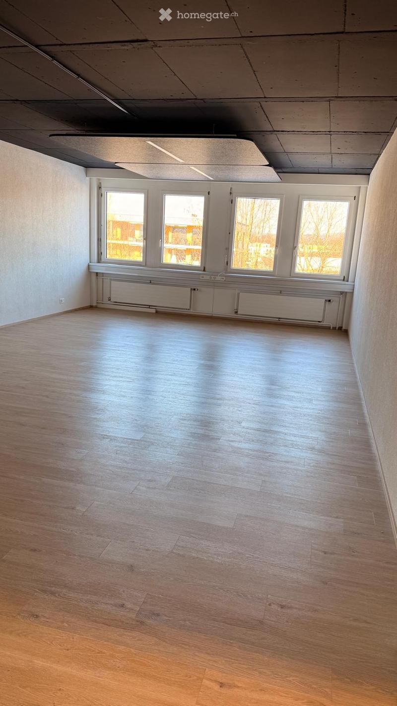 large room, wooden floor, white walls, large windows, bright view