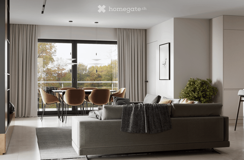 Large sofa, dining table and chairs, floor lamp, framed artwork, balcony