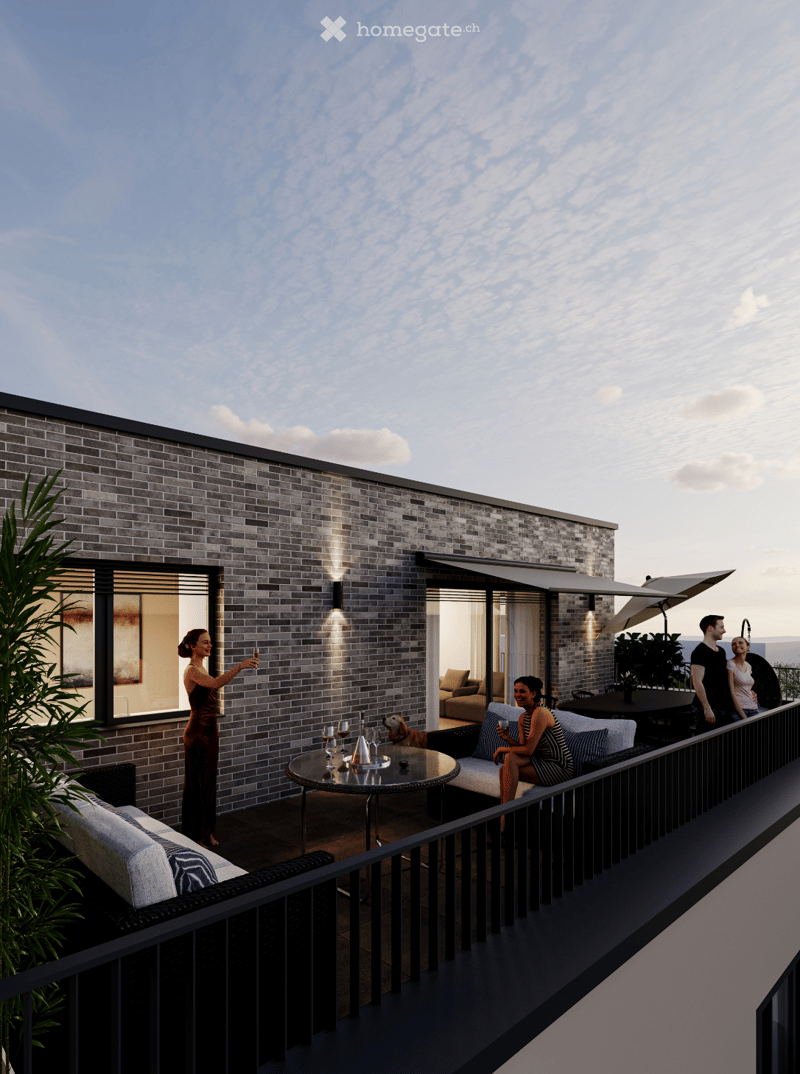 Building exterior with brick wall, black and white railing, canopy, outdoor seating, plants, city view