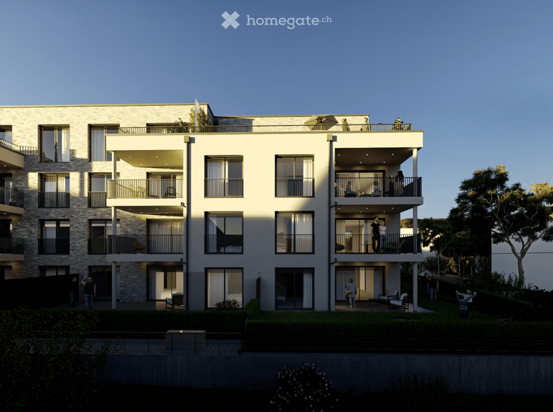 multistory building, balconies on each floor, brick wall, green roof, trees