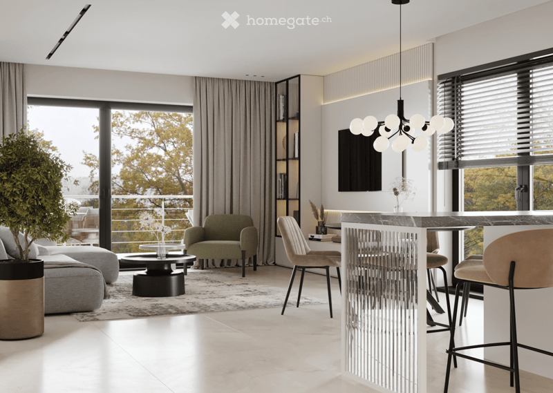 modern living room, large windows, balcony, pendant lighting, modern furniture, carpet, couch, coffee table