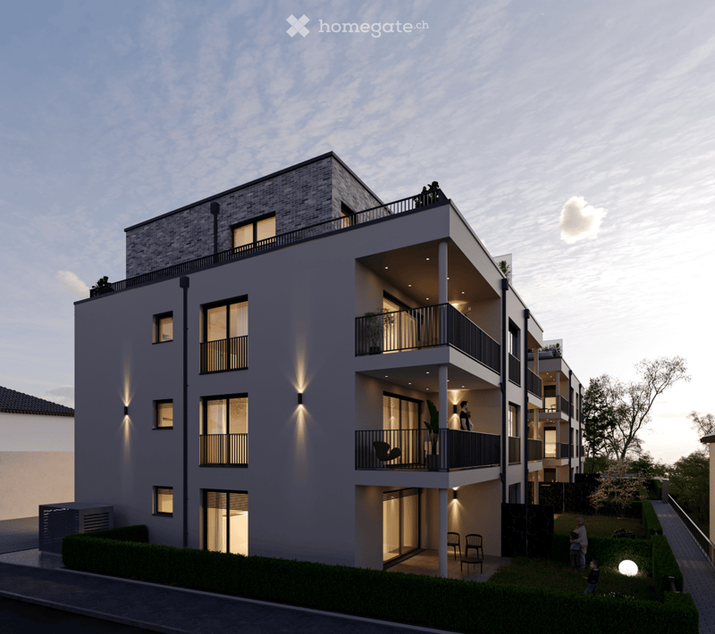Apartment building with 4 floors, balconies, and greenery outside