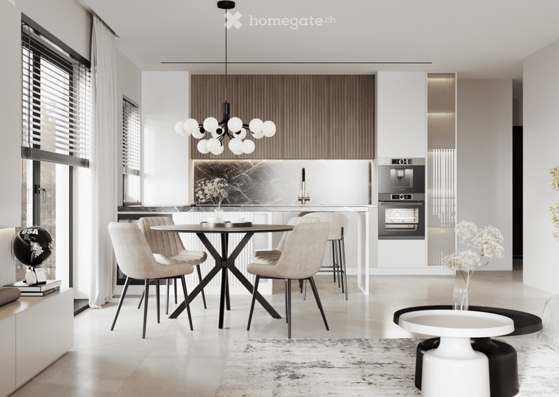 dining table, chairs, kitchen island, oven, cabinets, chandelier, carpet, table with plant