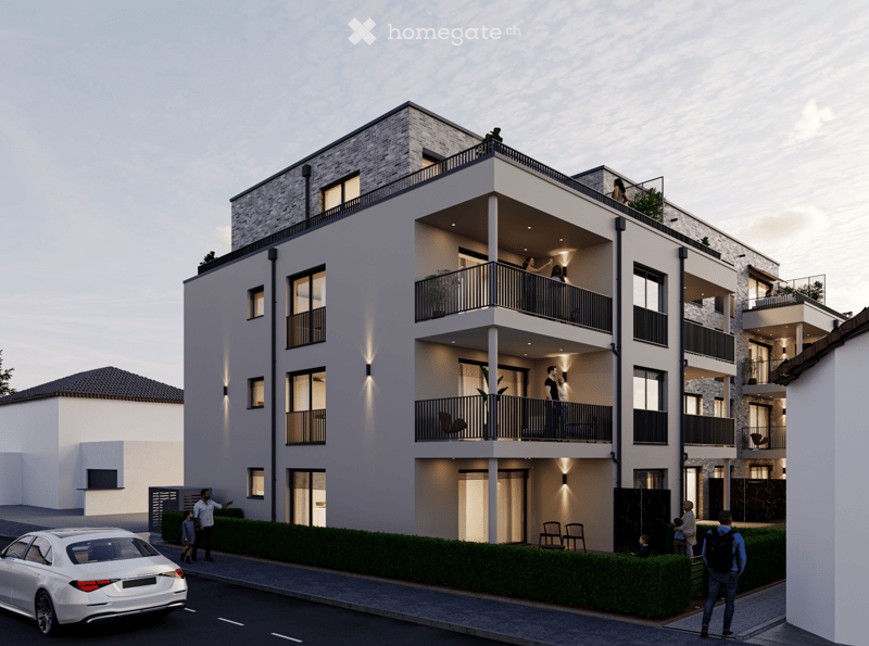 3 story building, white walls, gray brick, multiple balconies, large windows, front walkway, people standing in front