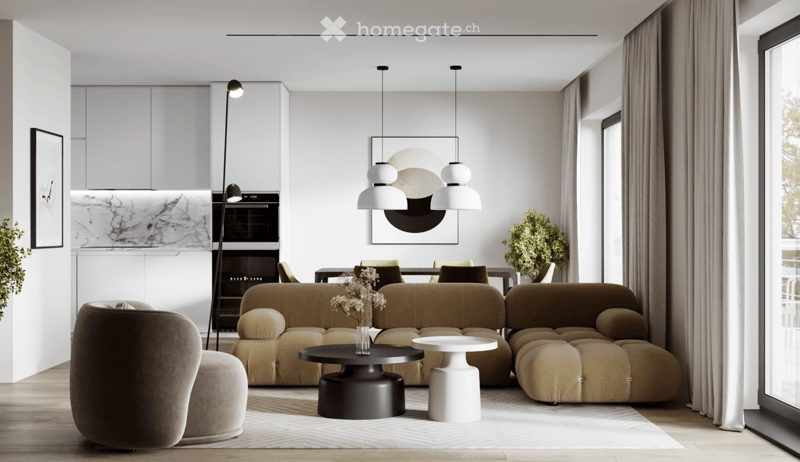 modern design, minimalist style, open concept, white walls, wooden floor, large windows, ceiling lights, dining area, kitchen, couch, coffee table, side table, picture frame, potted plants, view