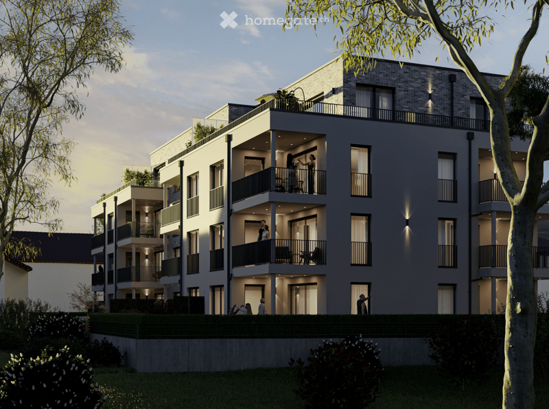 Apartment building, multi-story, brick walls, glass windows, multiple balconies, greenery around