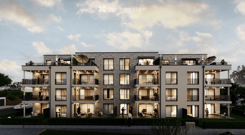 Residential building, multi-story, stone wall, large windows, balconies, greenery, modern design, exterior lighting