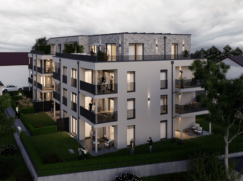Multi-story building with balconies and outdoor areas for residents, spacious green lawn