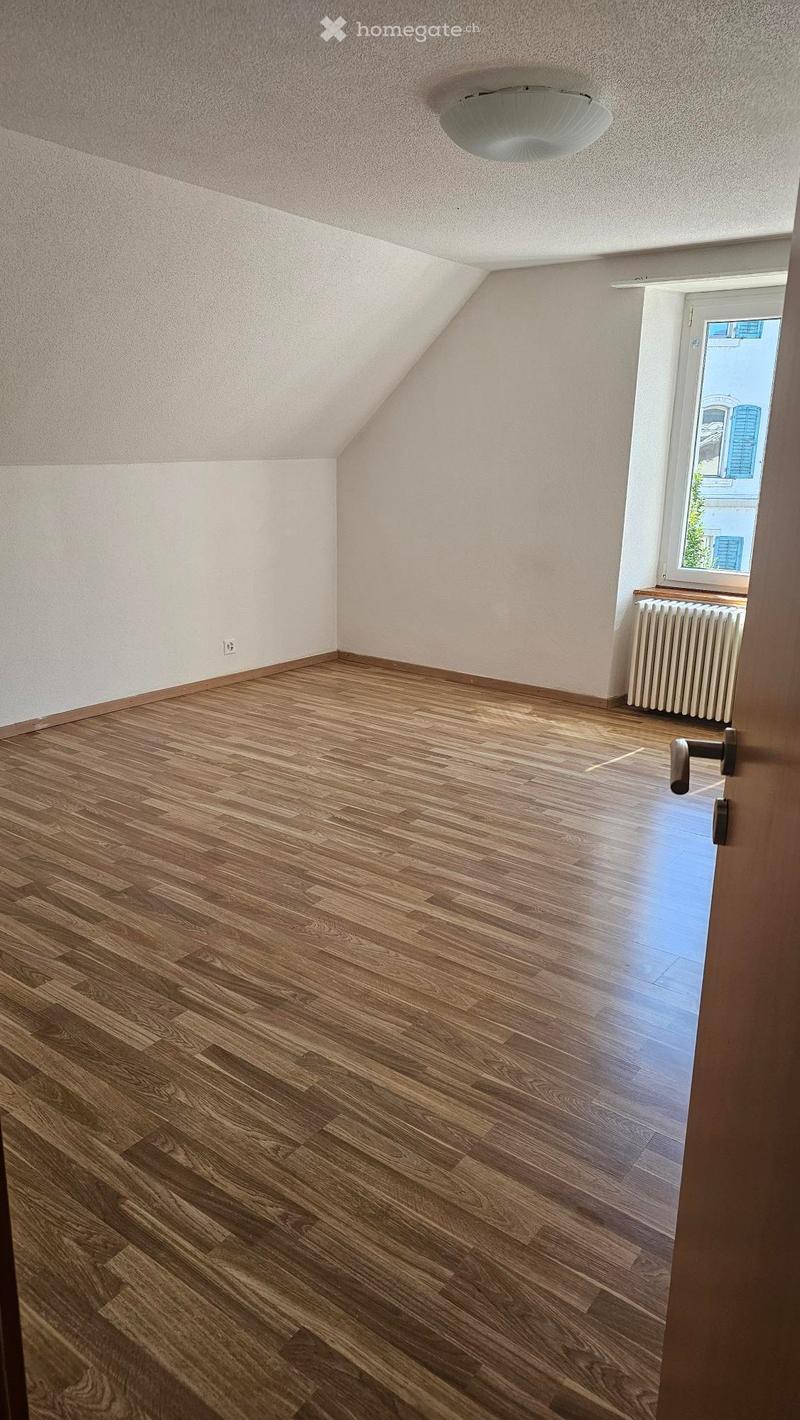 Wooden floor, window, white walls, ceiling light, power outlet, wooden door