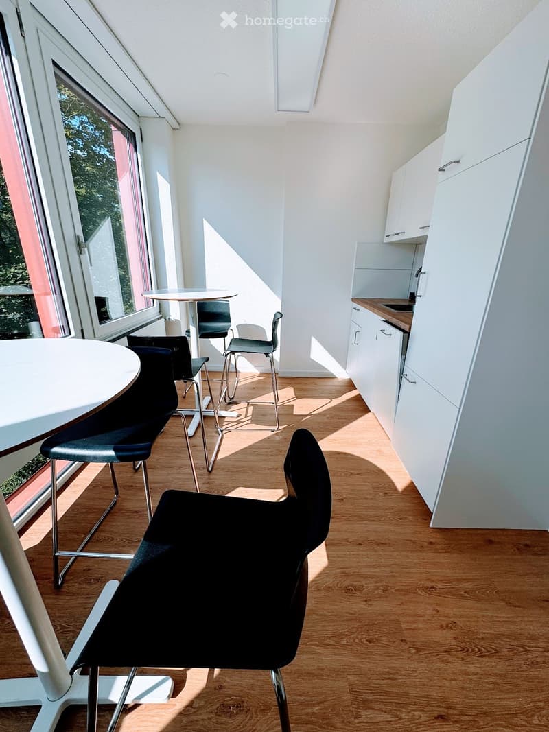 A room with wooden floor, large windows, white kitchen cabinets, modern furniture, dining table, and chairs.