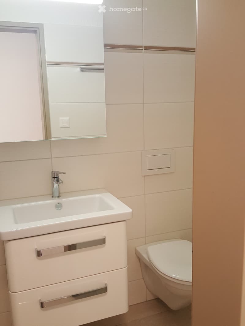 Bathroom with white sink, mirror, and toilet
