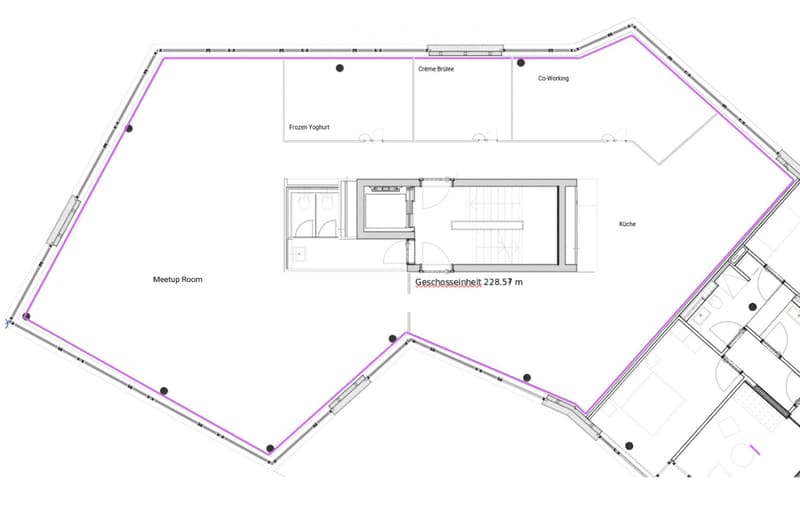 A floor plan of a spacious industrial kitchen, including kitchen area, meeting room, frozen yogurt section, and co-working spaces.