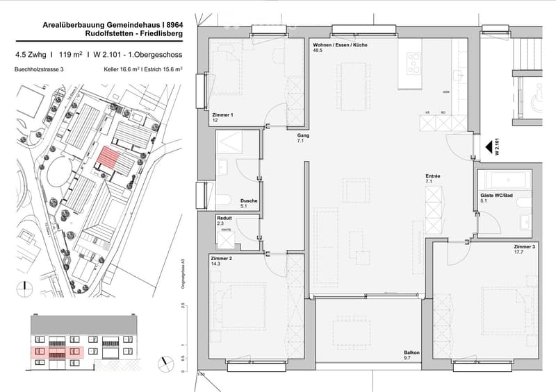 Floor plan of a 4.5-room apartment on the first floor, including living/dining/kitchen area, three bedrooms, a bathroom, a guest WC/bathroom, hallway, and balcony.