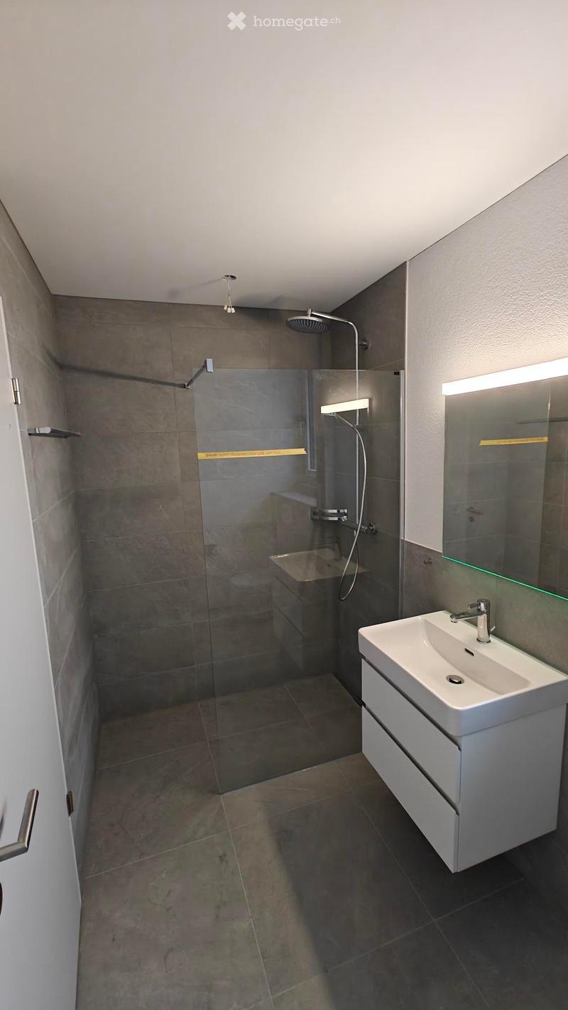 modern bathroom, gray tiles, glass door shower, vanity with sink, white cabinets, silver faucet