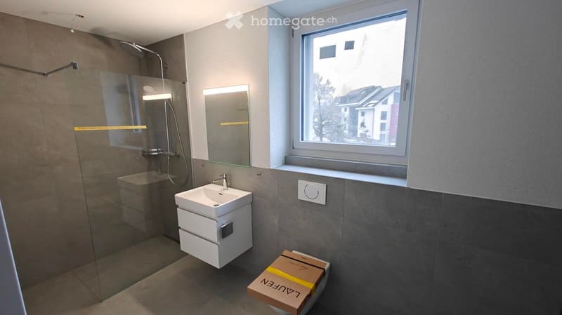 modern bathroom with shower, sink, mirror, and toilet