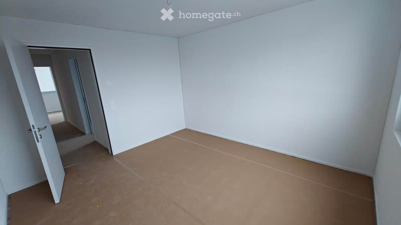 Empty room, white walls, brown floor, open door, small window