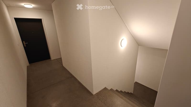 Concrete flooring, white walls, black door, interior stairwell, wall-mounted lights