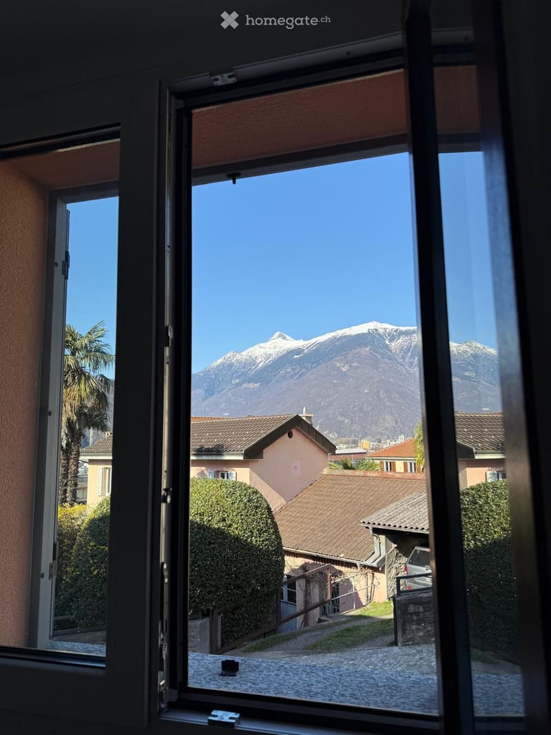 Window with view of snowy mountains