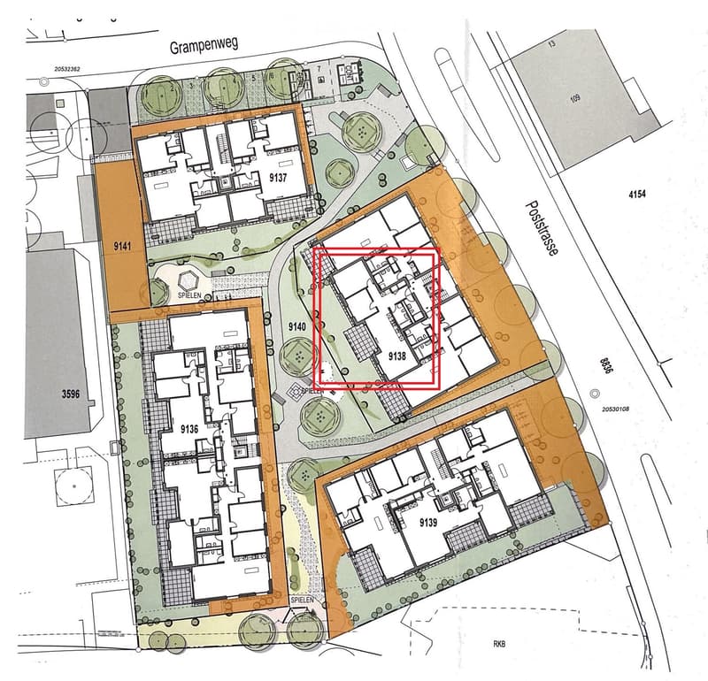 Floor plan, multiple apartments, swimming pool, outdoor areas, balconies, green spaces, parking spaces