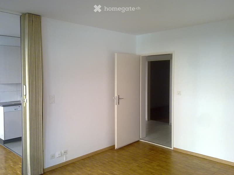 empty room, white walls, wooden floor, open door to next room, dishwasher